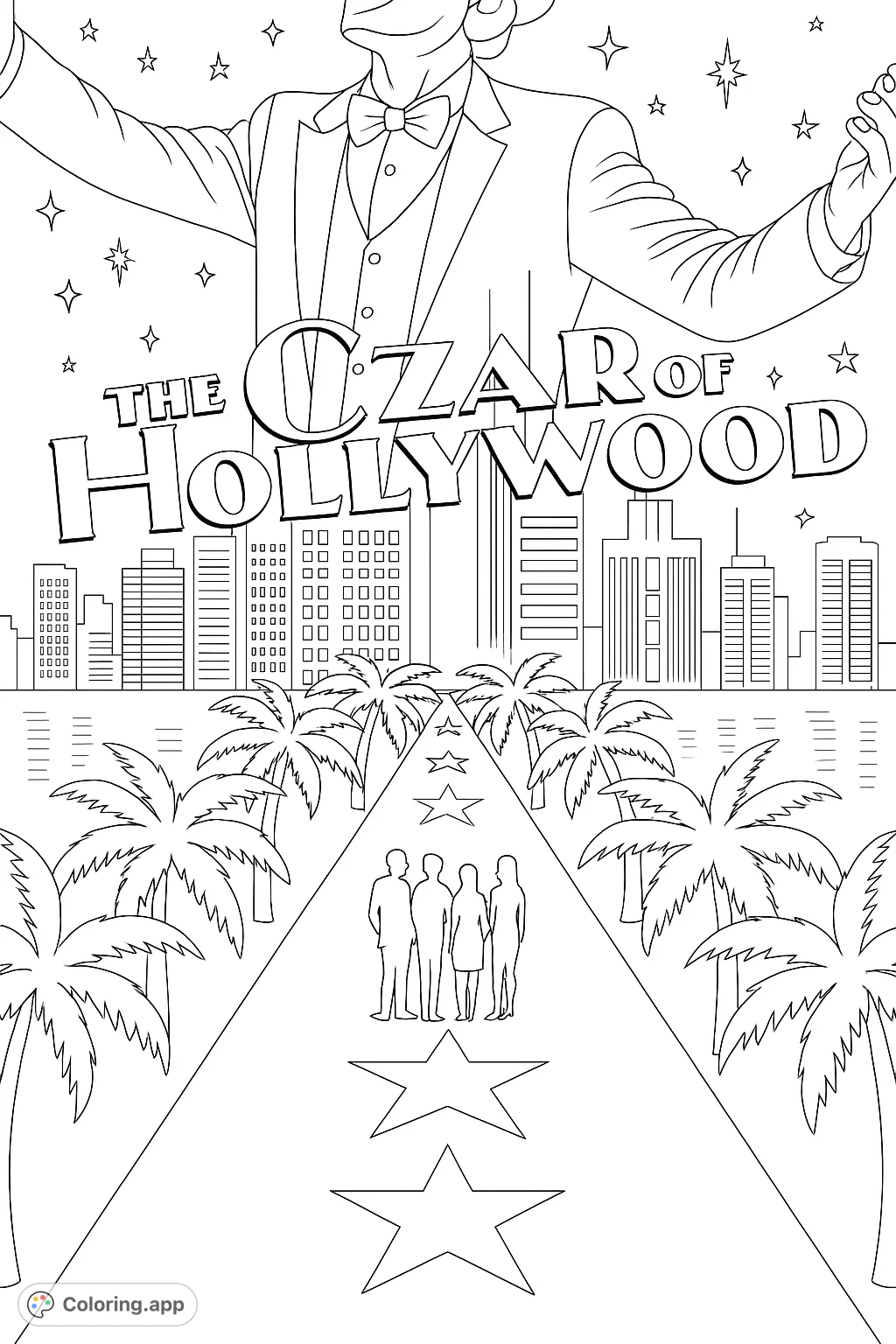 Step into the spotlight with this Hollywood-themed coloring page featuring a grand figure, a star-studded path, and iconic palm trees. Perfect for movie lovers!