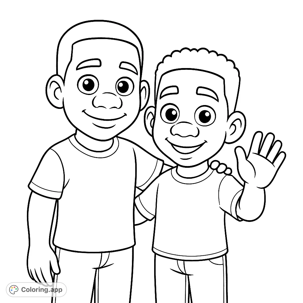 A heartwarming coloring page featuring two cheerful boys, one waving, perfect for celebrating friendship and family bonds. A delightful scene for young artists.