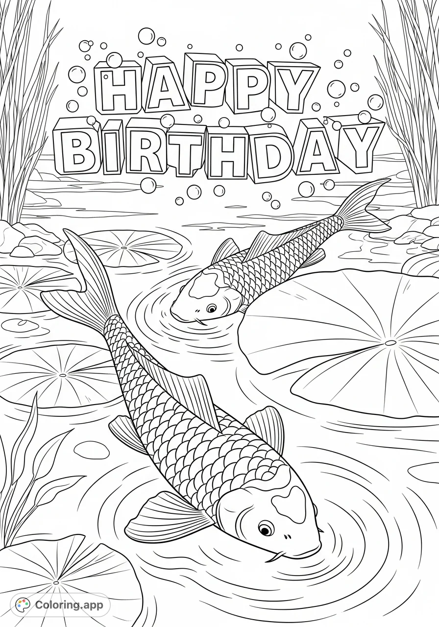 Celebrate with this charming happy birthday koi coloring page! Two graceful koi fish swim among lily pads, with "Happy Birthday" text floating above.