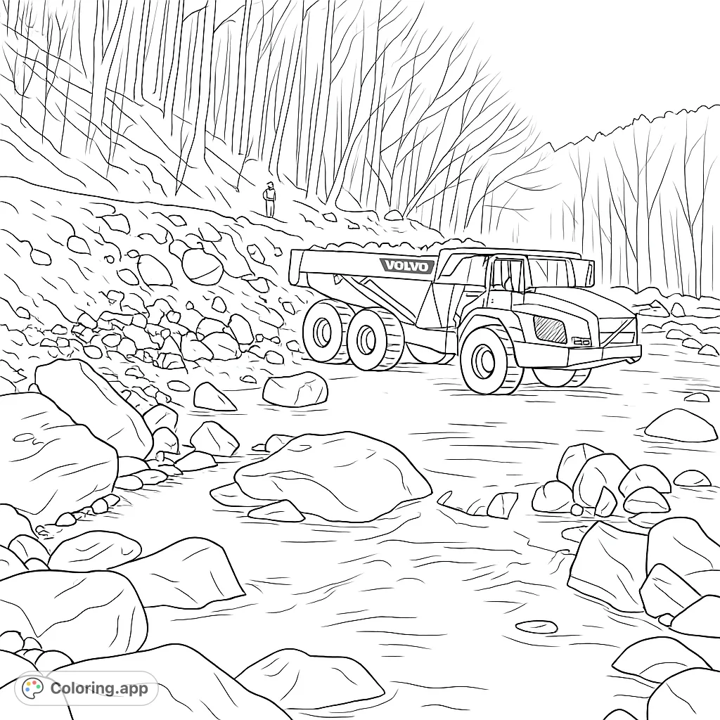 A powerful articulated dump truck navigates a rocky river, surrounded by a rugged landscape and dense forest. A challenging construction scene.