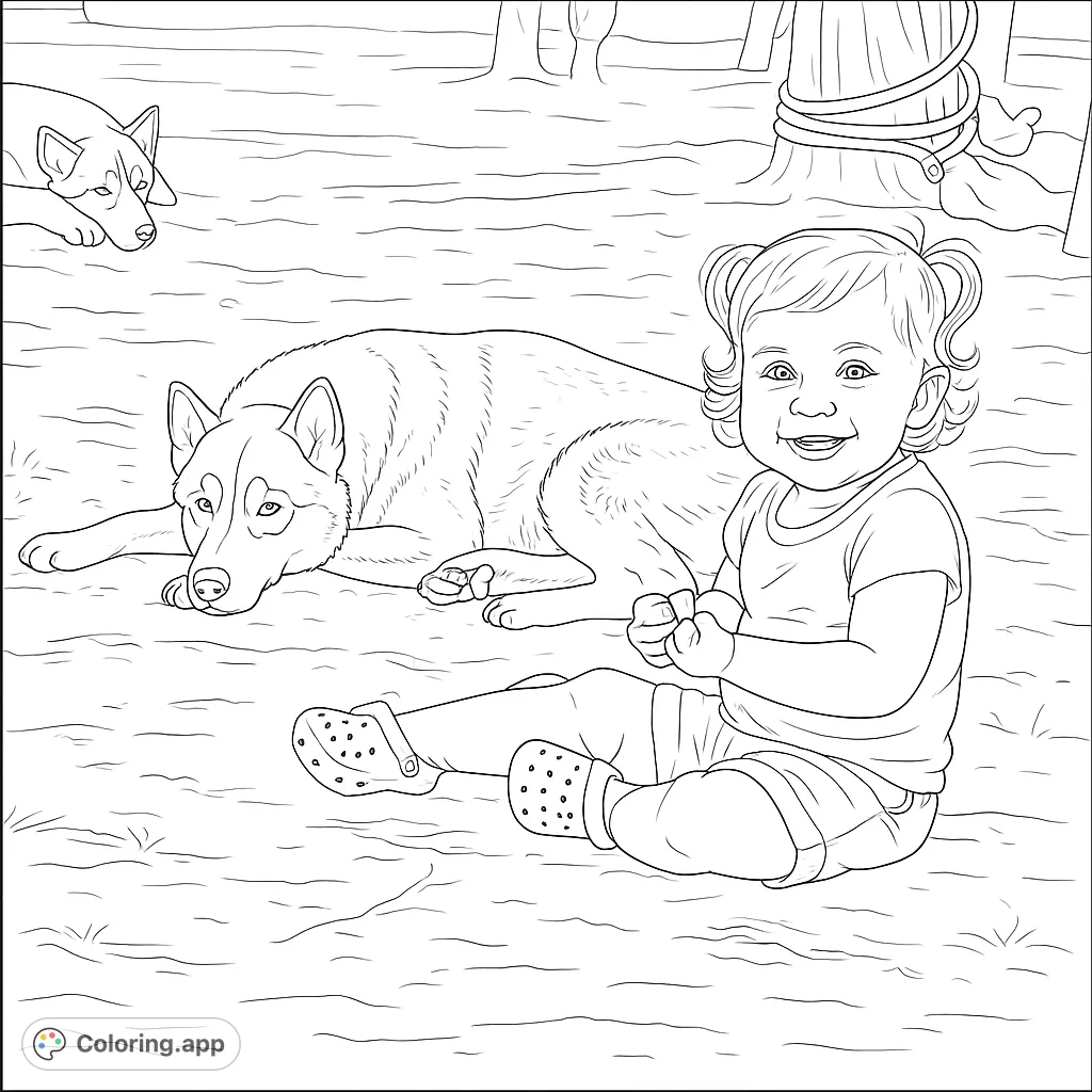 A heartwarming scene featuring a smiling toddler sitting on the ground with a friendly husky companion. Perfect for animal lovers and young artists.
