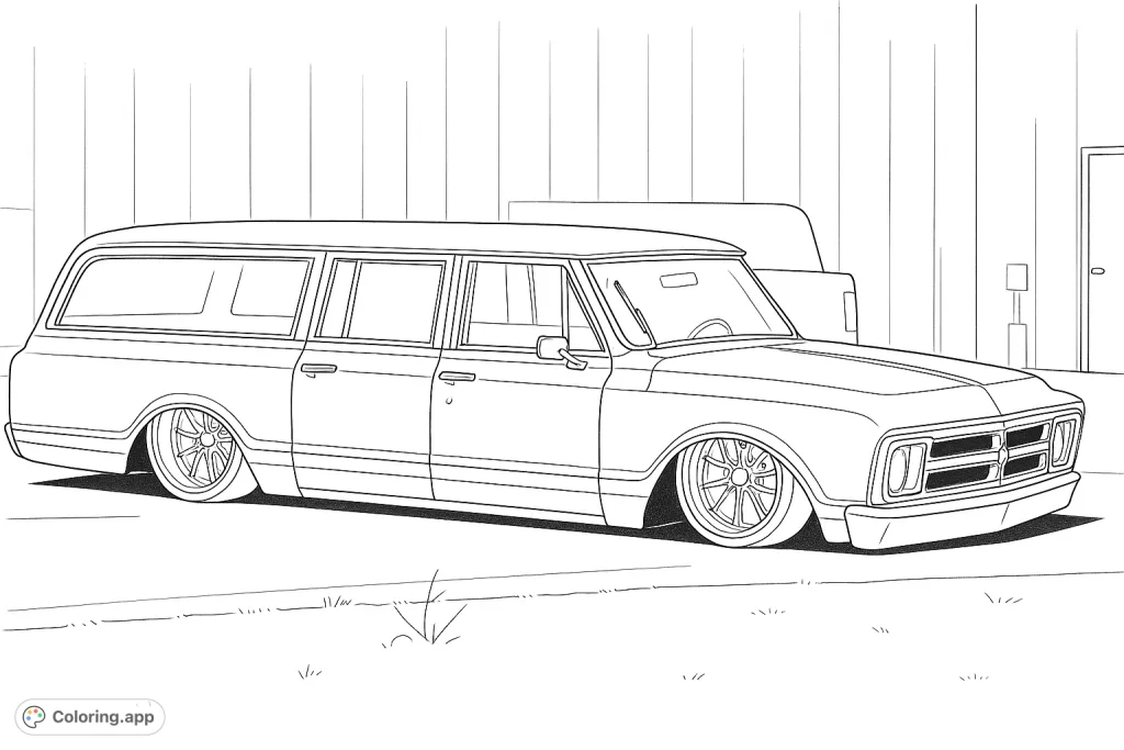 Color a sleek, lowered classic station wagon with custom wheels and bold side stripes, parked in front of a garage. Perfect for car enthusiasts!