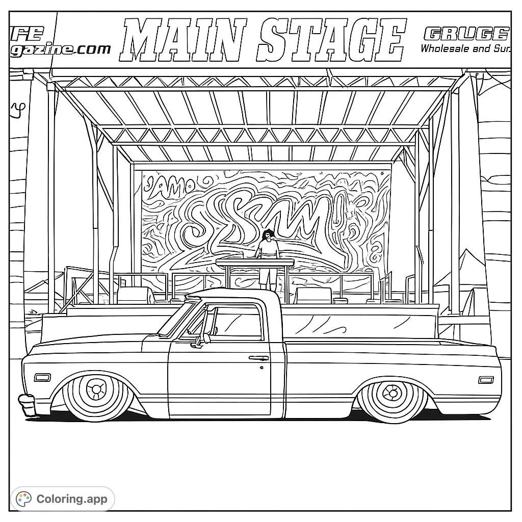 A sleek, lowered classic pickup truck parked on a grassy field in front of a large outdoor stage with a DJ, perfect for vehicle enthusiasts.