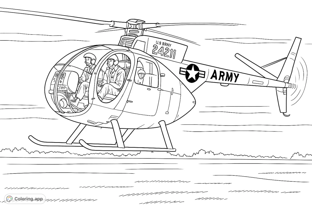 Soar into adventure with this detailed military helicopter coloring page. Features a classic aircraft in flight over an open landscape, perfect for aviation enthusiasts.
