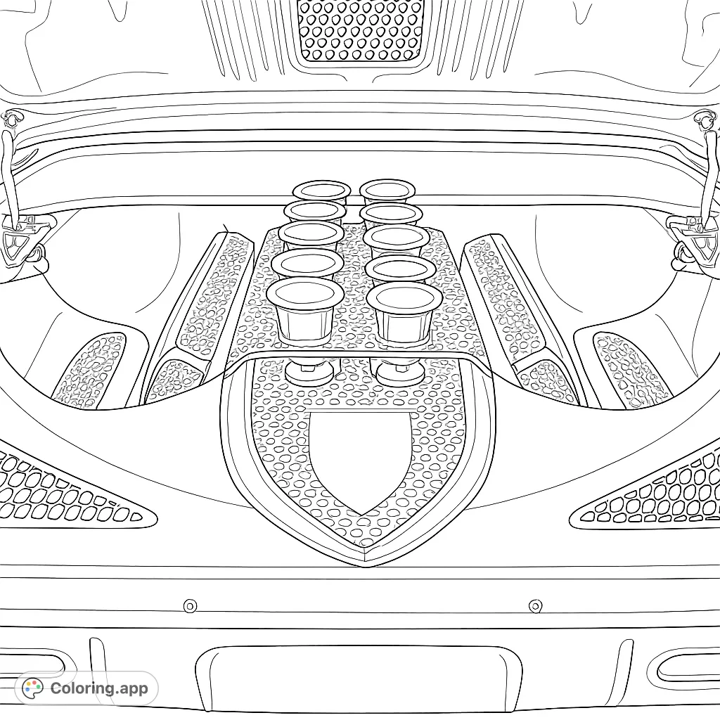 Explore a detailed custom car engine bay featuring intricate grilles, eight intake funnels, and sleek, reflective surfaces. A challenging automotive design.