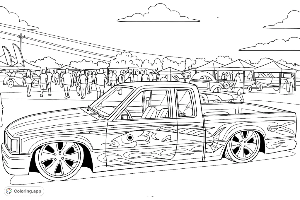 Dive into the world of custom vehicles with this unique fishing-themed truck coloring page. Featuring intricate designs and a lively car show backdrop.