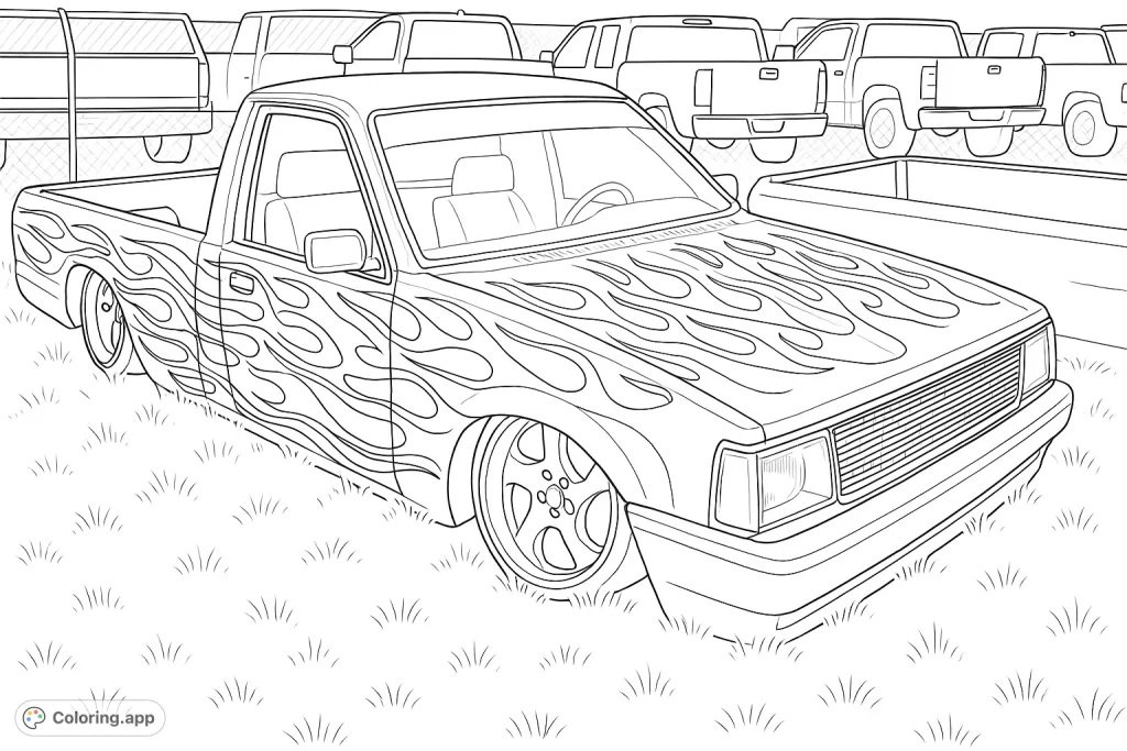 Unleash your creativity on this custom pickup truck coloring page, featuring intricate flame patterns and a lowered stance. Perfect for vehicle enthusiasts!