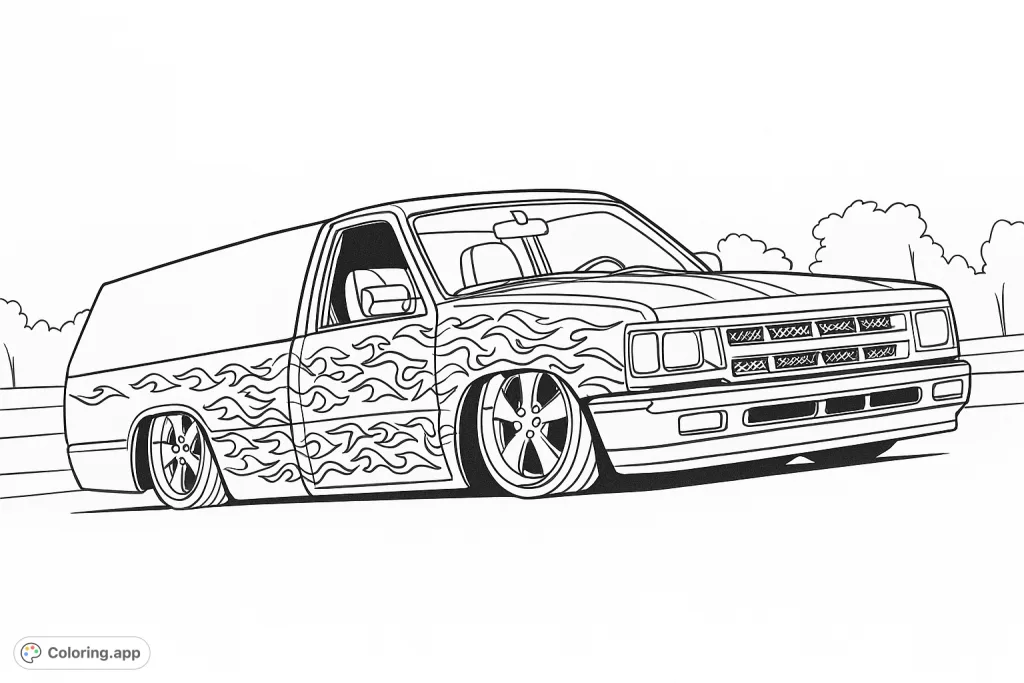 Color a sleek, custom lowered truck featuring dynamic flame patterns, polished wheels, and a distinctive low-rider stance. Perfect for vehicle enthusiasts!