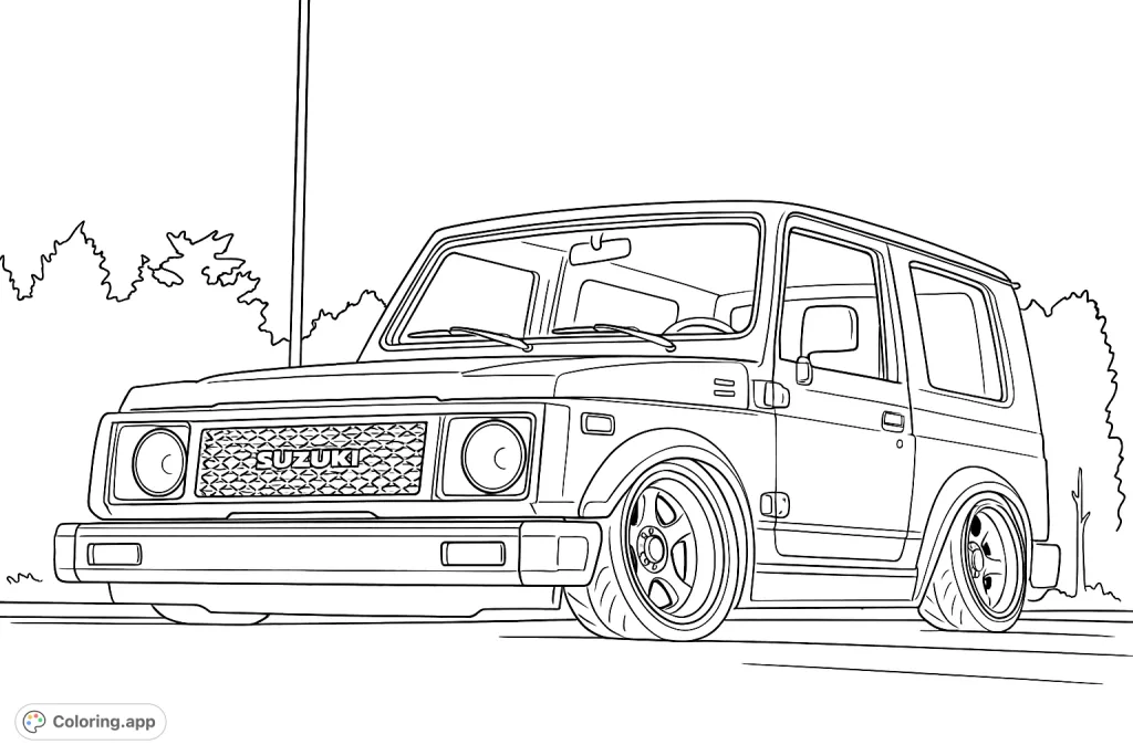 Color a sleek, custom lowered utility vehicle with detailed grille, shiny wheels, and a simple outdoor background. Perfect for car enthusiasts!