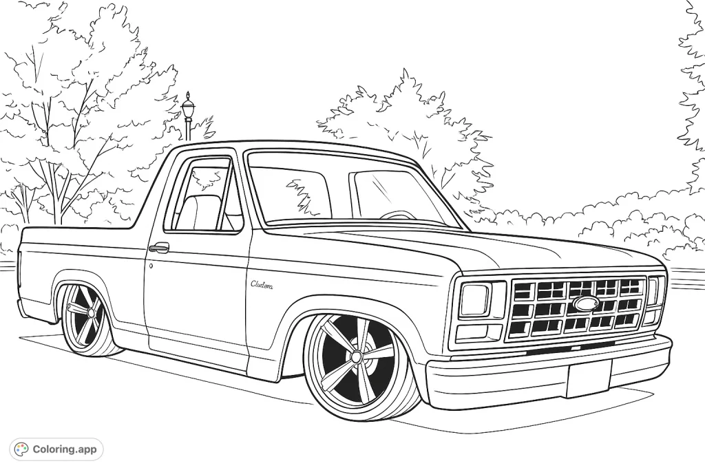 Color a sleek, custom lowered utility vehicle with intricate wheels and a classic grille, set against a scenic outdoor backdrop. Perfect for vehicle enthusiasts!