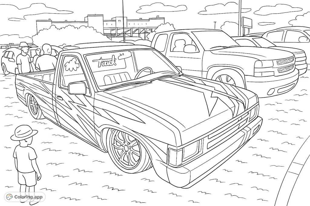 A detailed custom pickup truck with intricate stripe patterns, parked on a grassy field alongside another modified truck, perfect for vehicle enthusiasts.