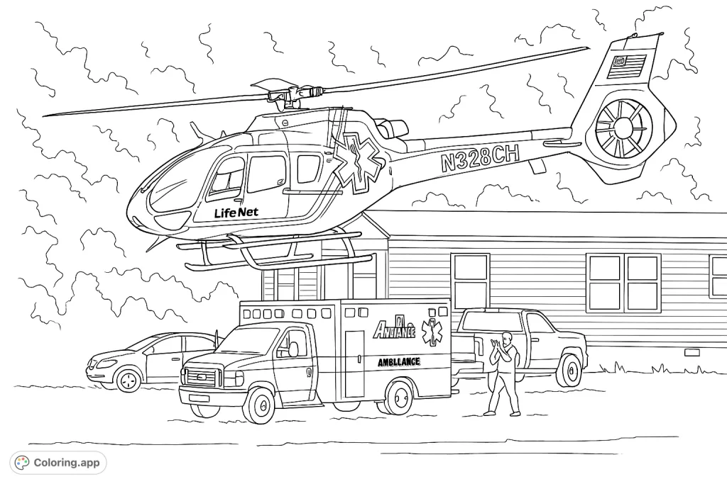 A detailed emergency scene featuring a hovering air ambulance helicopter, ground ambulance, and personnel, set against a suburban backdrop.