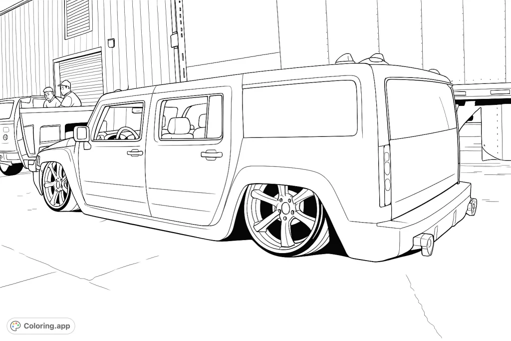 A sleek, custom-built SUV with extreme lowered suspension and unique wheels, perfect for car enthusiasts to personalize with their own creative flair.