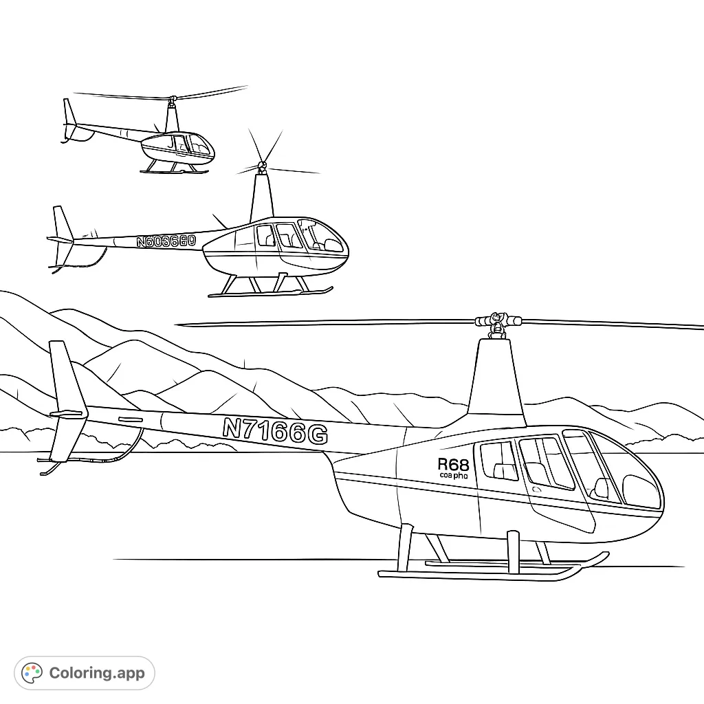 Soar into adventure with this detailed helicopter coloring page, featuring three aircraft in an expansive outdoor setting with mountains.
