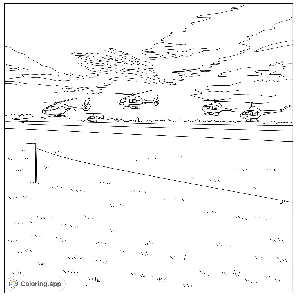 Experience the thrill of a helicopter formation flight! This detailed coloring page features multiple aircraft soaring above a runway, perfect for aviation enthusiasts.