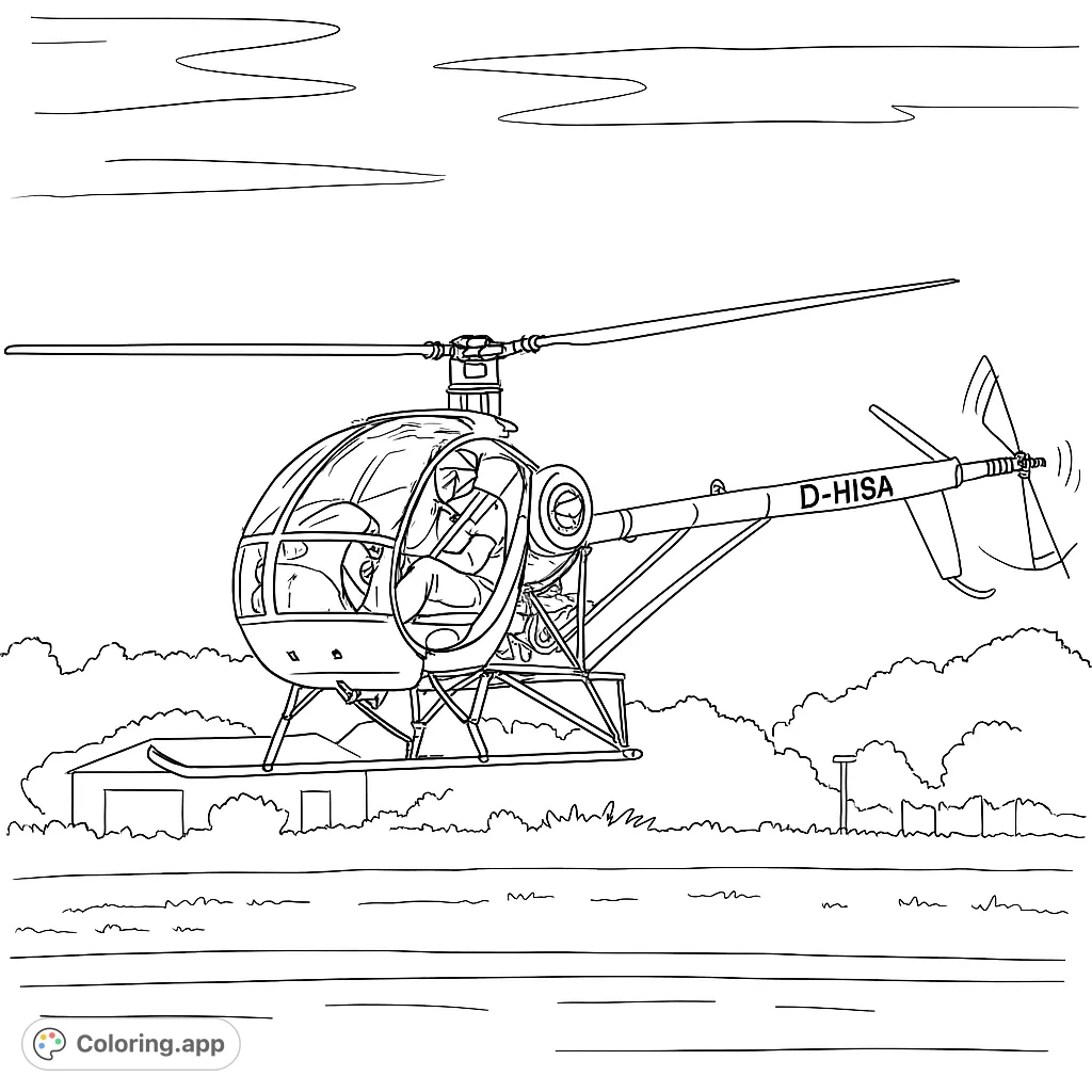 Soar into creativity with this detailed helicopter coloring page! Featuring a pilot in the cockpit and an airfield background, perfect for aviation enthusiasts.