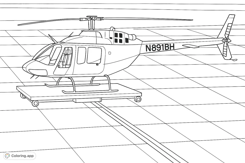 A detailed helicopter rests on a ground support dolly, ready for flight or maintenance. Perfect for aviation enthusiasts to color and explore intricate aircraft designs.