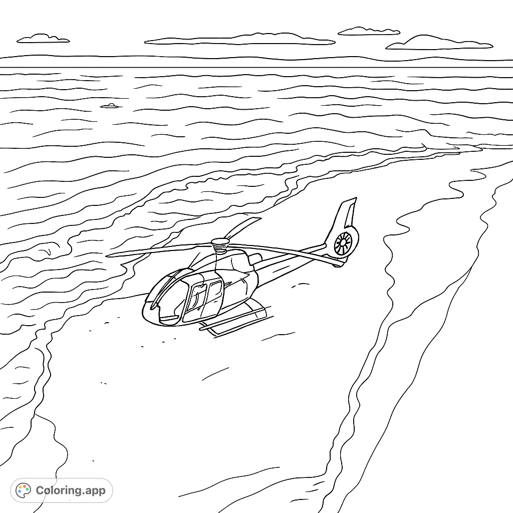 A sleek helicopter rests on a pristine sandy beach, with gentle waves and clear ocean waters stretching to distant landforms. Perfect for vehicle and nature lovers!