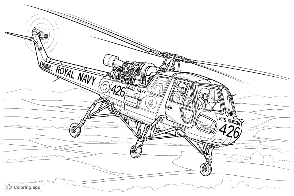 Soar through the skies with this detailed military helicopter coloring page, featuring intricate mechanical elements and a vast landscape.