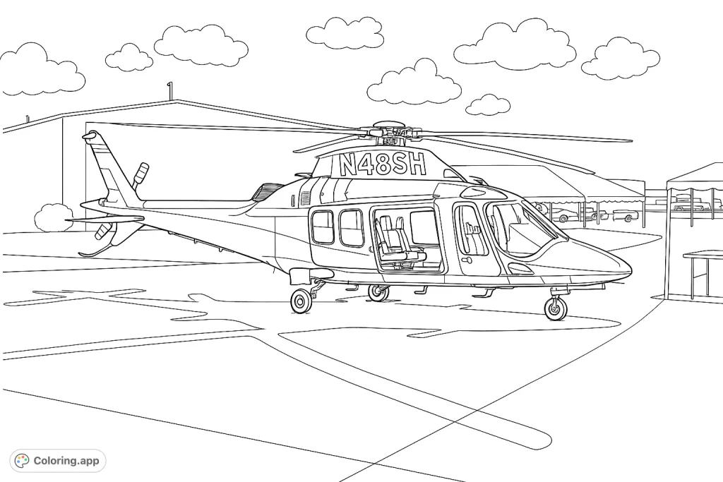 Color a detailed modern helicopter on an airfield, featuring an open door, intricate rotors, and a hangar background. Perfect for vehicle enthusiasts.