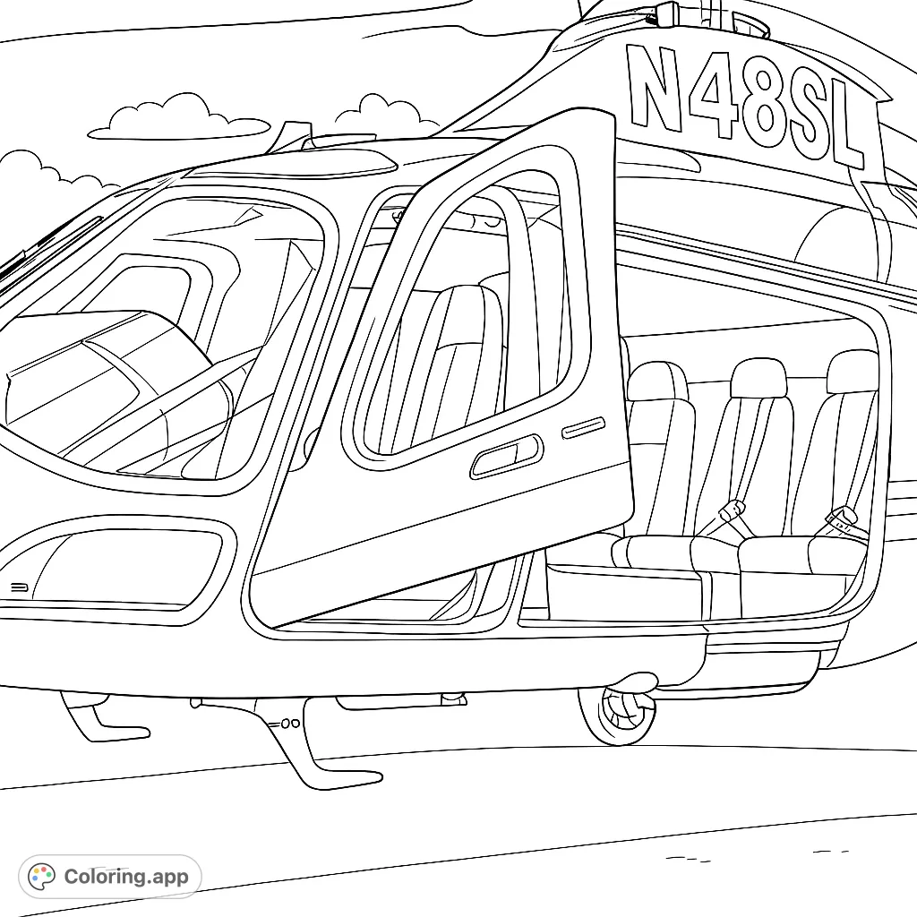 Detailed helicopter coloring page featuring an open door, visible interior, and intricate exterior details, set against a cloudy sky. Perfect for aviation enthusiasts.