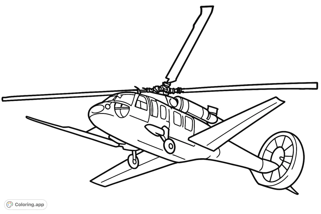 Soar through the skies with this detailed military helicopter coloring page. Perfect for aviation enthusiasts to bring this powerful aircraft to life.