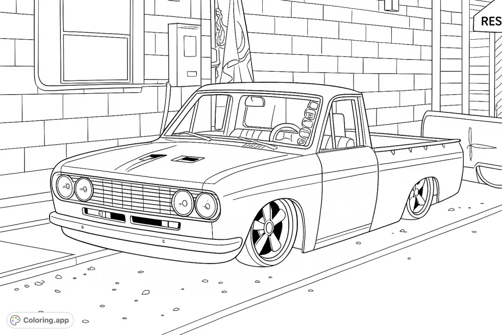 Color a detailed vintage pickup truck with a lowered stance and custom wheels, parked against a textured building. Perfect for vehicle enthusiasts.