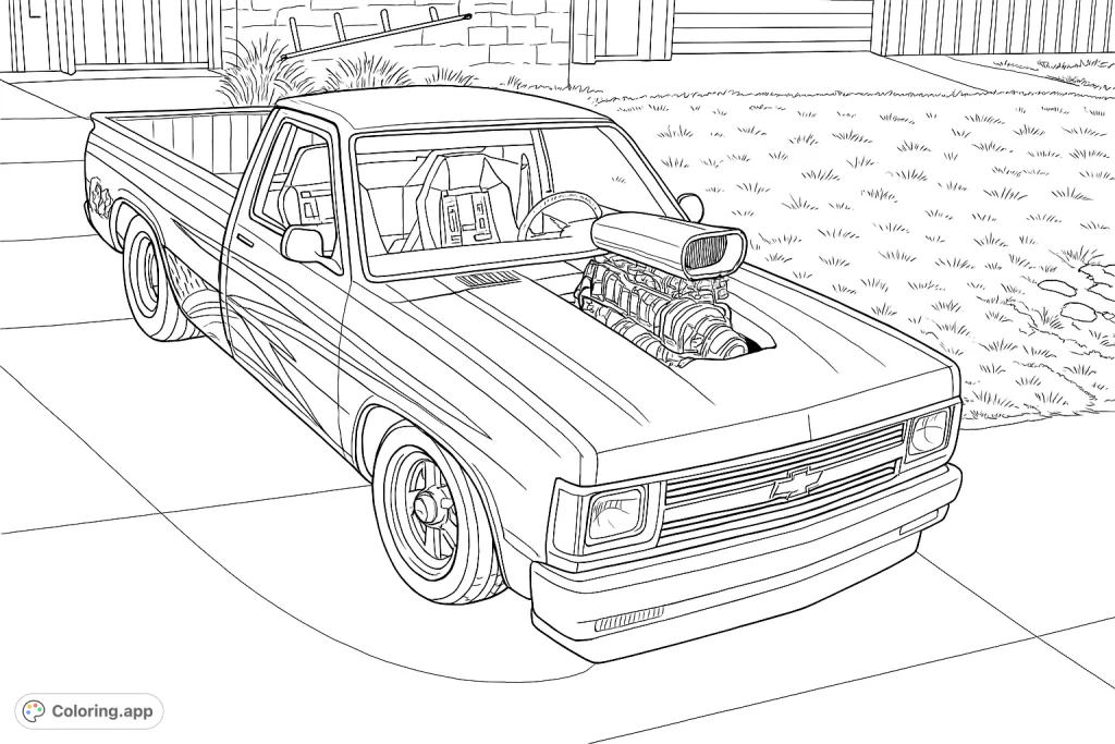 Color a powerful custom pickup truck featuring an exposed supercharged engine, intricate side graphics, and detailed interior, perfect for automotive enthusiasts.