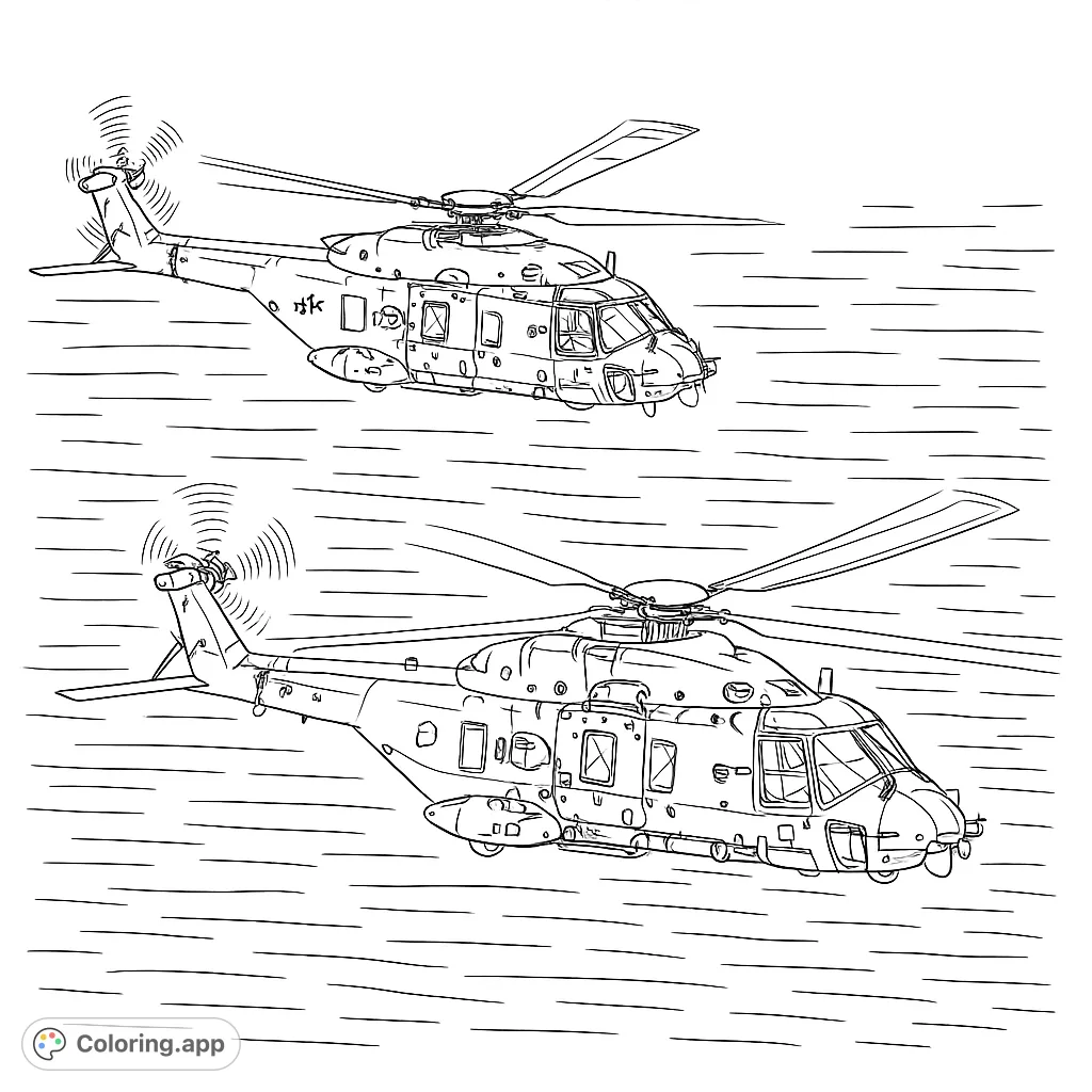 Color two powerful military helicopters in detailed flight over a textured water surface. Perfect for aviation enthusiasts and detailed coloring challenges.