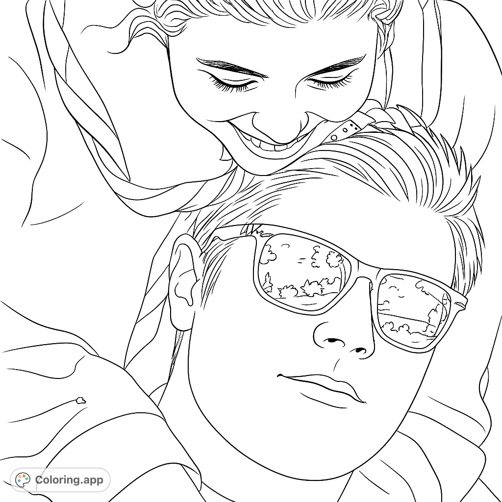 A heartwarming coloring page featuring two friends, one smiling playfully over the other wearing stylish sunglasses. Perfect for personalizing.