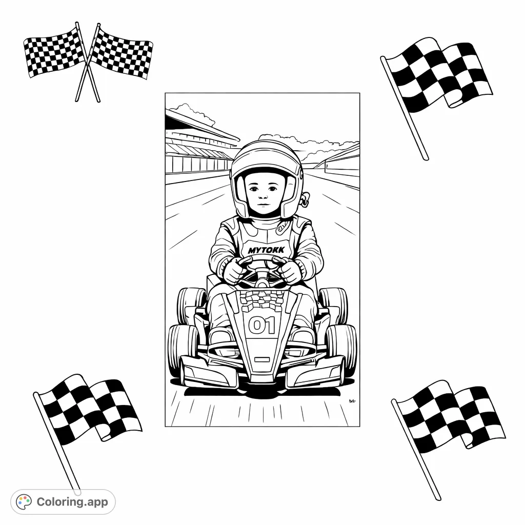 An adorable baby in a race suit and helmet drives a sleek car on a track, surrounded by checkered flags. Ready, set, color!