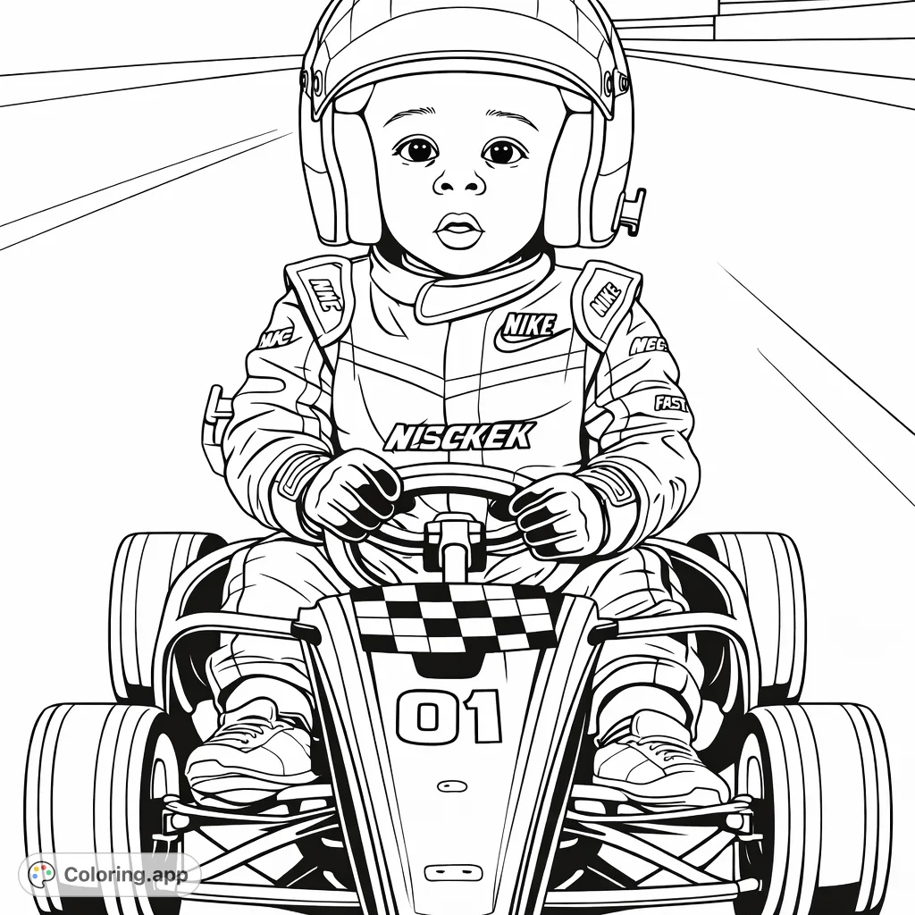 A cute child in a racing helmet and suit, ready to speed down the track in a go-kart, perfect for aspiring young drivers and racing enthusiasts.
