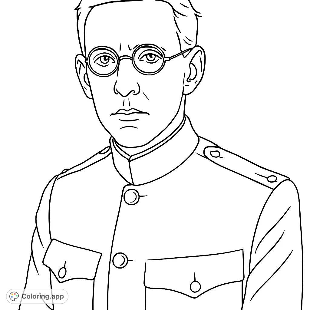 A detailed portrait of a man in a classic uniform, featuring round spectacles and a thoughtful expression. Perfect for history enthusiasts and detailed coloring.