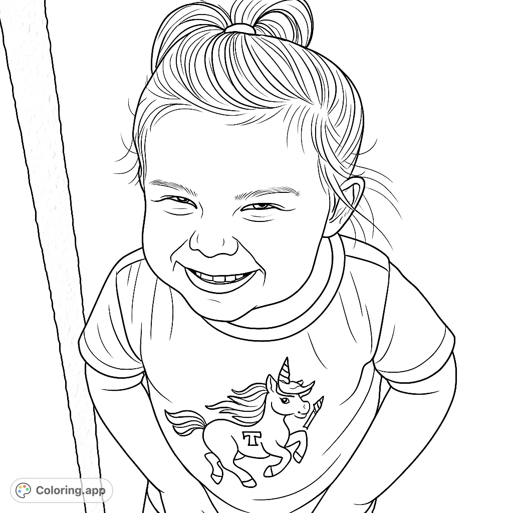 A delightful coloring page featuring a joyful child with a big smile and a fun unicorn shirt, perfect for a happy coloring experience.