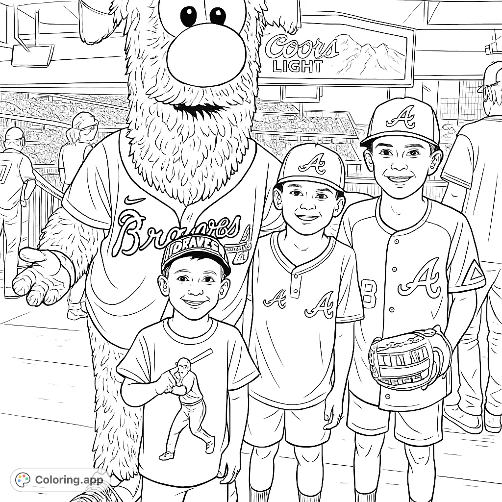 A fun baseball-themed coloring page featuring a friendly mascot and three young fans at a stadium. Perfect for sports enthusiasts and kids!