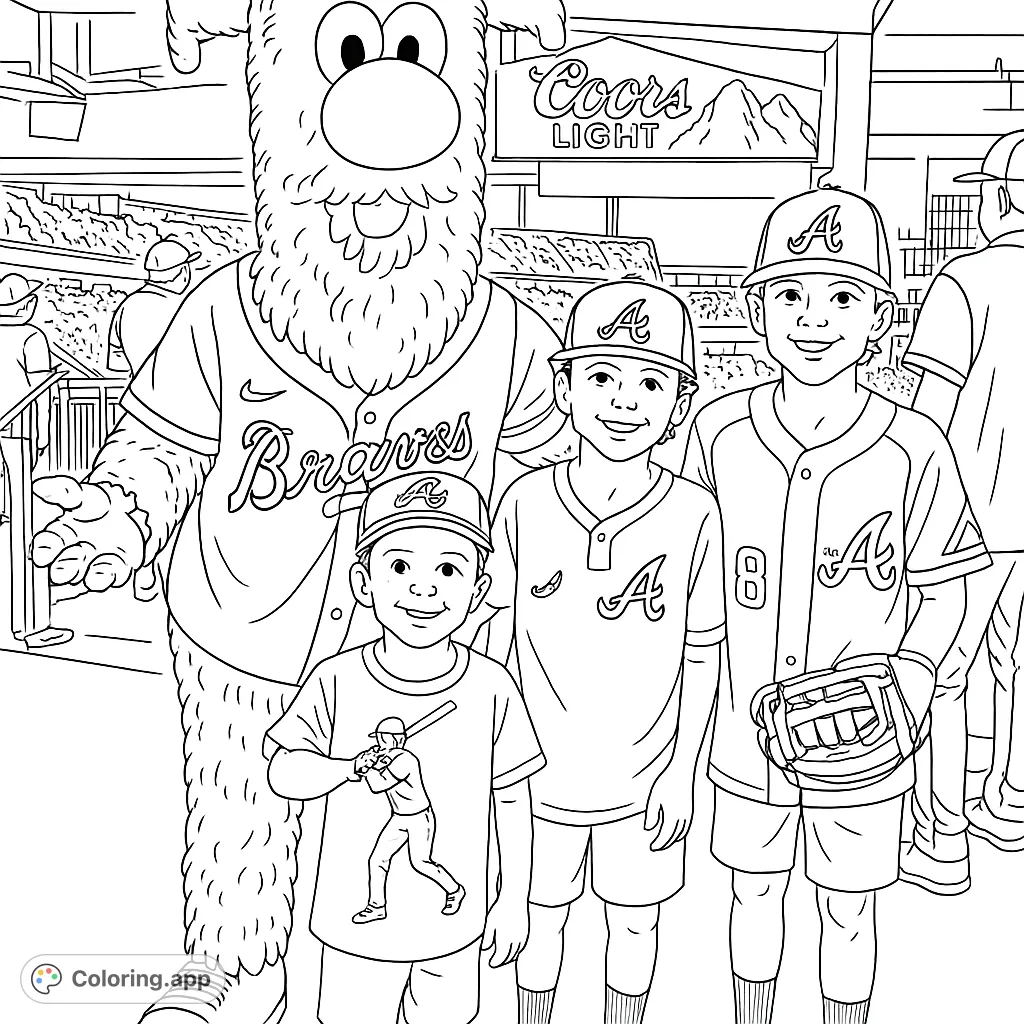 A fun baseball-themed coloring page featuring a friendly mascot and three young fans at a stadium. Perfect for sports enthusiasts and kids!