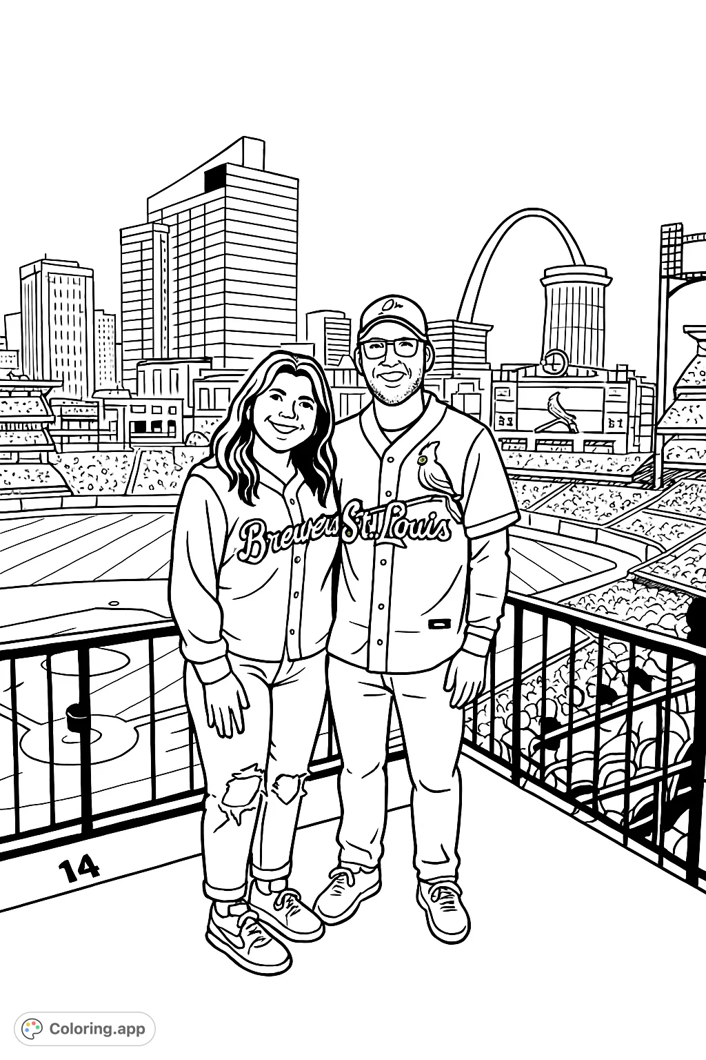 A couple enjoys a baseball game from an elevated view, with a bustling stadium and city skyline, including a famous arch, in the background. Perfect for sports fans.