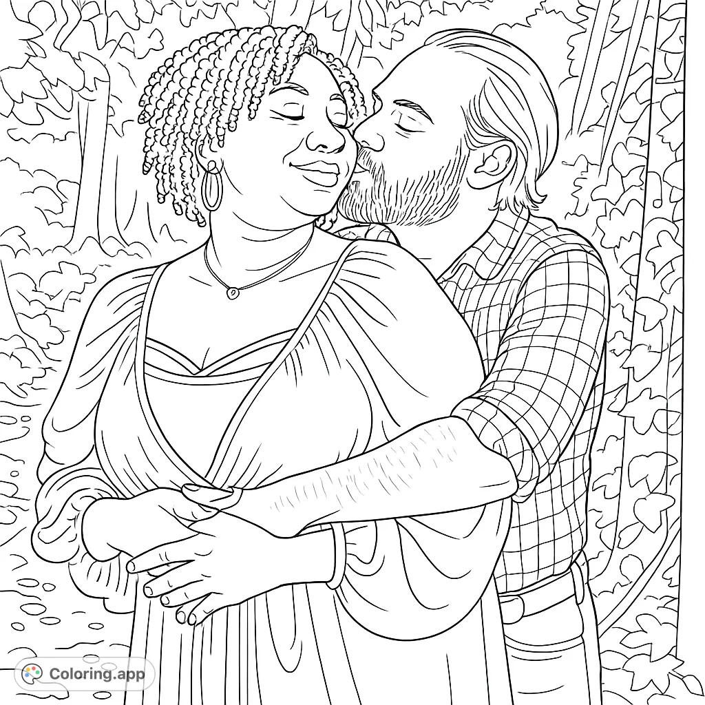 Capture a tender moment of a couple embracing in a serene natural setting. A heartwarming romantic couple coloring page for adults.