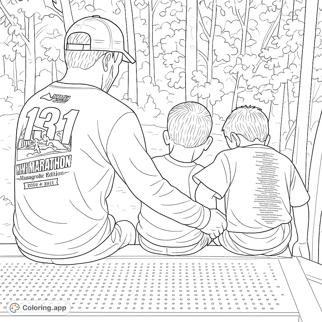 A heartwarming scene of an adult and two children seated together, looking out at a natural landscape. Perfect for a peaceful family coloring page.