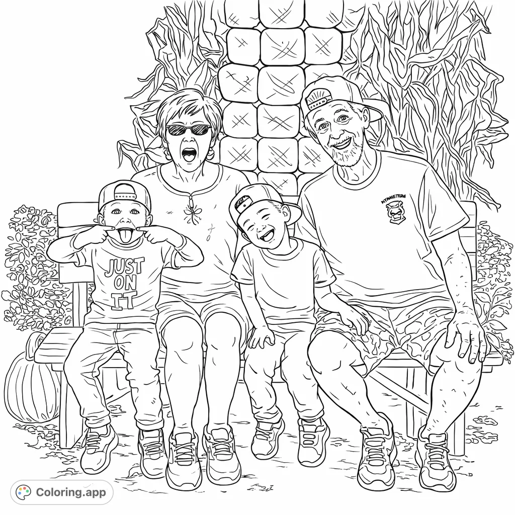 Capture heartwarming family fun with this playful portrait of two adults and two children making funny faces amidst a charming autumn setting.