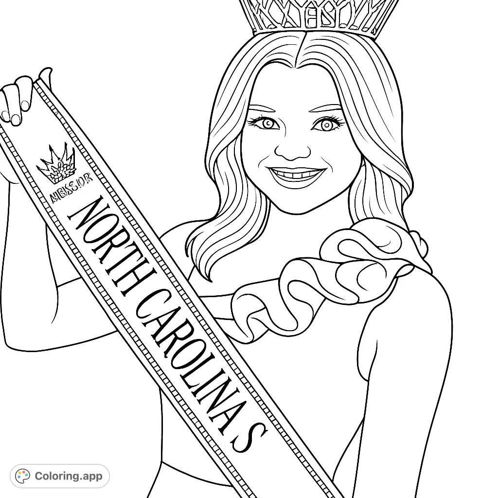 A smiling young woman wearing a crown and a decorative sash, ready for you to bring her to life with your creative colors. An inspiring portrait!