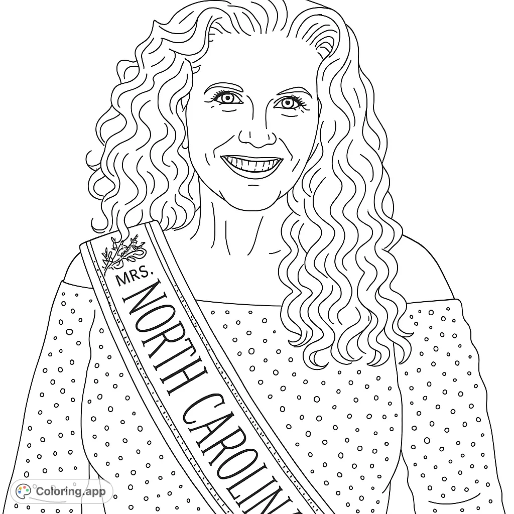 A glamorous portrait of a smiling woman with voluminous curly hair, wearing a sequined top and a 'Mrs. North Carolina' sash. An elegant and detailed coloring page.