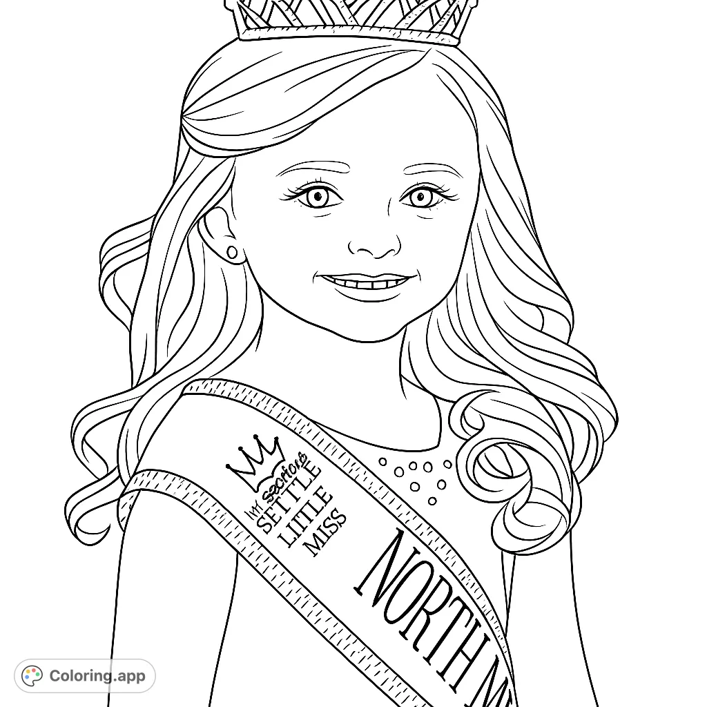 A charming little miss, crowned and sashed, ready for her moment. This delightful coloring page captures the joy and elegance of a young pageant queen.