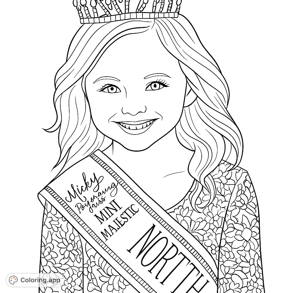 A joyful young girl wearing a sparkling crown and an ornate sash, ready for a grand celebration. Perfect for aspiring royalty and creative fun!