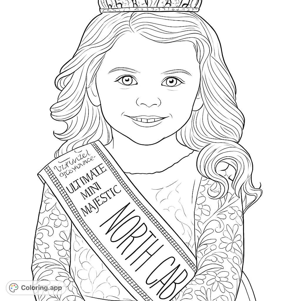 Adorable little queen with a sparkling crown and decorative sash, perfect for young colorists to bring to life with their favorite shades.