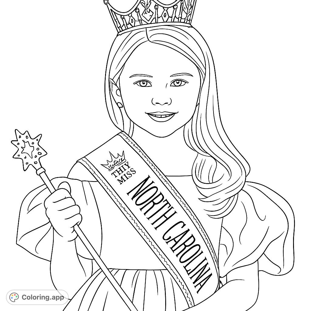 A charming portrait of a young pageant winner, complete with a sparkling crown, elegant sash, and scepter, ready for creative coloring.