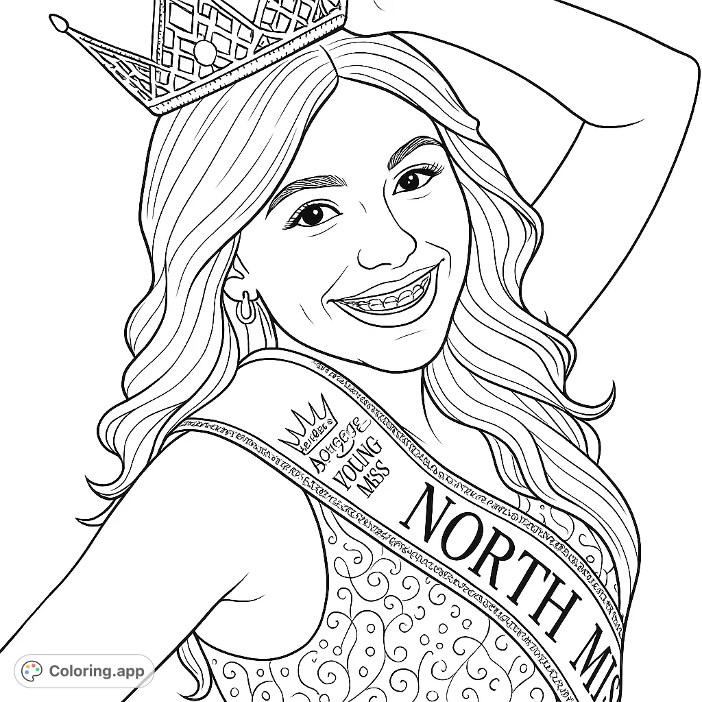 A radiant young woman wearing a sparkling crown and an elegant sash, smiling brightly. Perfect for aspiring queens and detailed coloring.