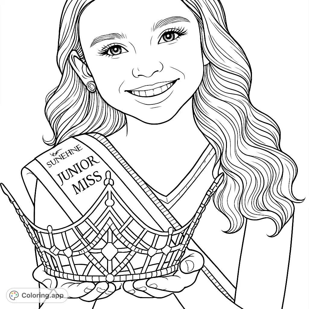 A smiling junior miss proudly holds her ornate crown, wearing a sash. Perfect for aspiring queens to color and dream big with this pageant coloring page.
