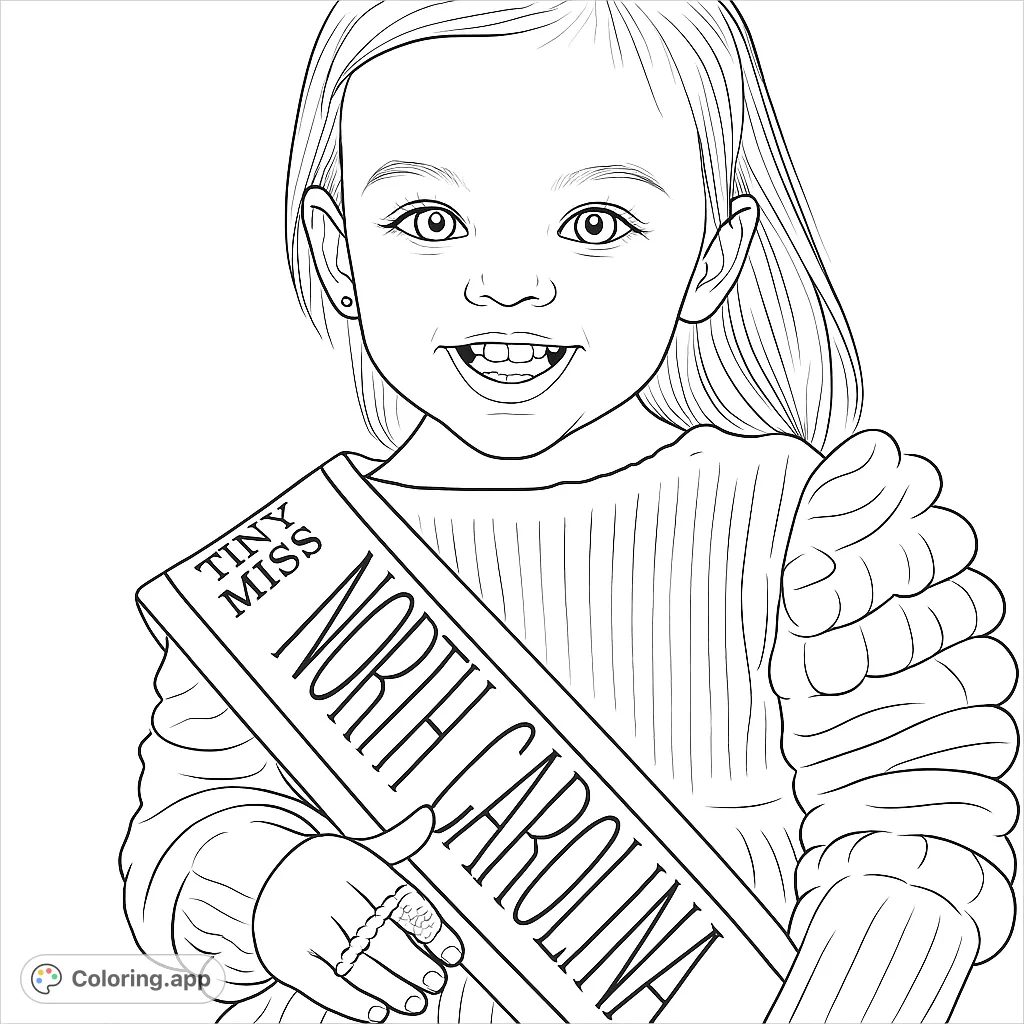 A joyful child wearing a "Baby Miss North Carolina" sash and holding a sparkling scepter. Perfect for a fun, celebratory coloring experience!