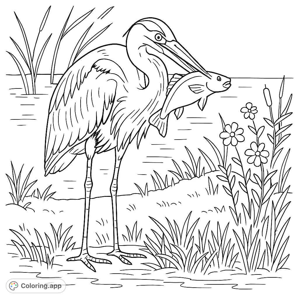 A majestic heron stands on a grassy bank, proudly displaying its fresh catch—a fish held firmly in its beak. A detailed nature scene for coloring enthusiasts.